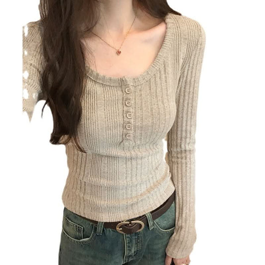 Retro U-Boot-Ausschnitt Slim Fit Langarm-T-Shirt Damen Geripptes kurzes vielseitiges Strickoberteil