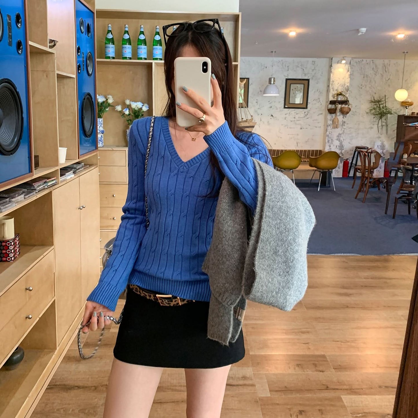 Solid Color Cable Knit V-Neck Long Sleeve Inner Layer Sweater Top for Women