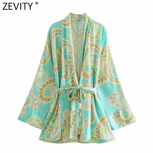 Zevity Women Vintage Totem Floral Print Bow Tied Sashes Kimono Smock Blouse Female Open Stitching Shirts Chic Blusas Tops LS9315