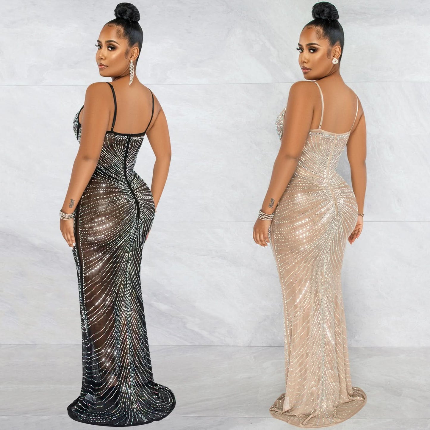 Fashion Sexy Beaded Strapless Sheer Mesh Long Dress