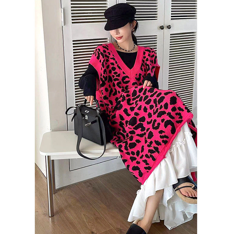 Leopard Print Sleeveless Knit Dress For Women Autumn New V-neck Loose Versatile Ankle Length Vestido Robe