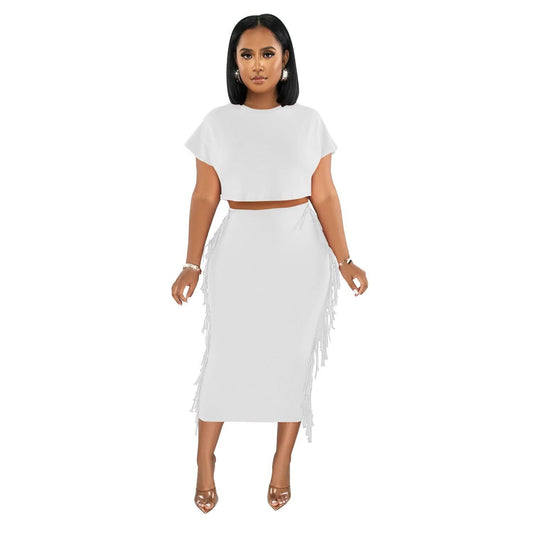 FashionableStyle Einfarbig Fransen Rundhals Kurzarm Langes Kleid Zweiteiliges Set