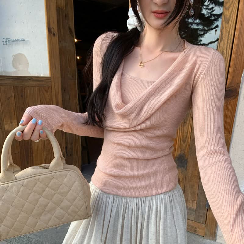 Choker Neckline Sexy Cami Inner Layer Long Sleeve Knit Cardigan Two-Piece Set