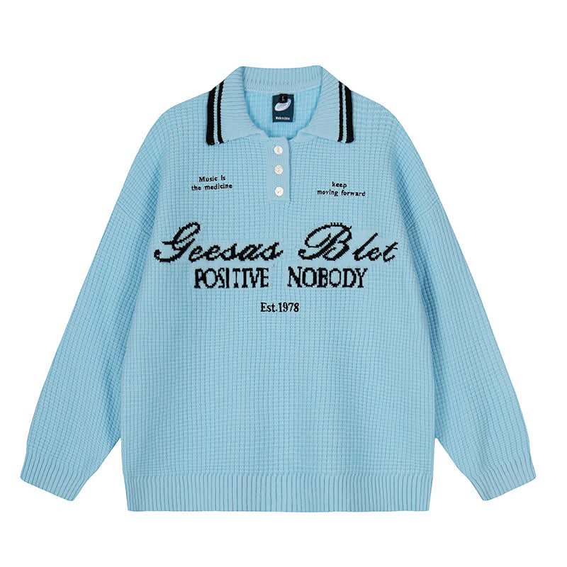 Letter Polo Neck Sweater Oversize Couple Knitwear Top