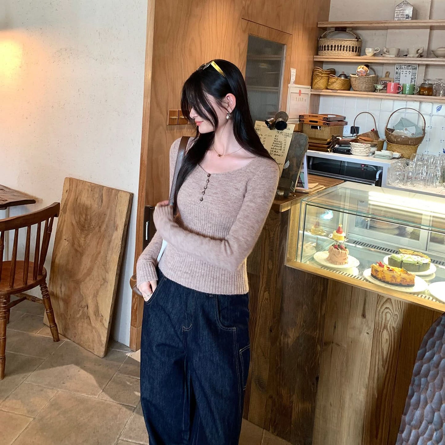 Pink V-Neck Ribbed Knit Sweater for Women, Slim Fit, Short Top Wear