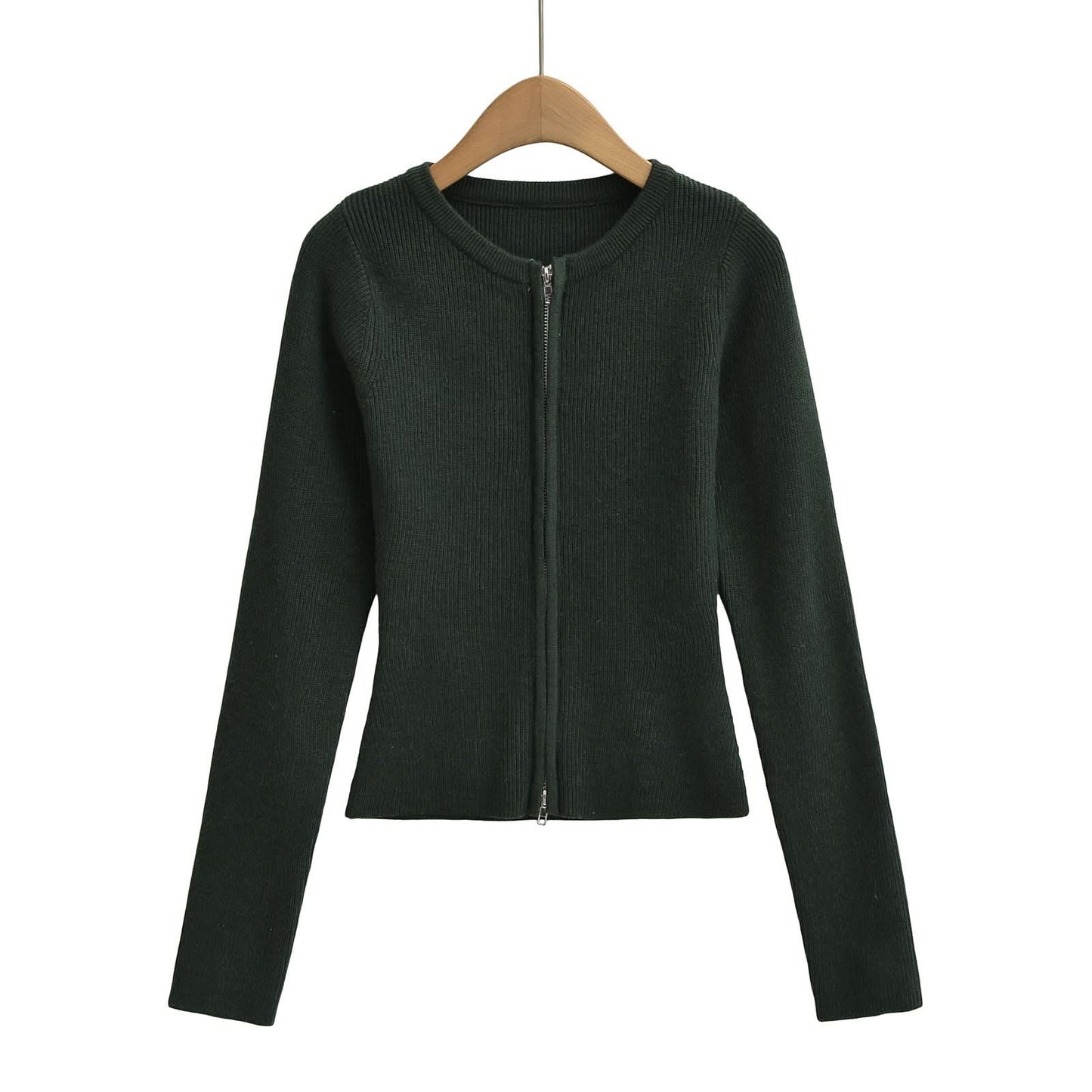 Round neck long sleeved slim fit short cardigan sweater