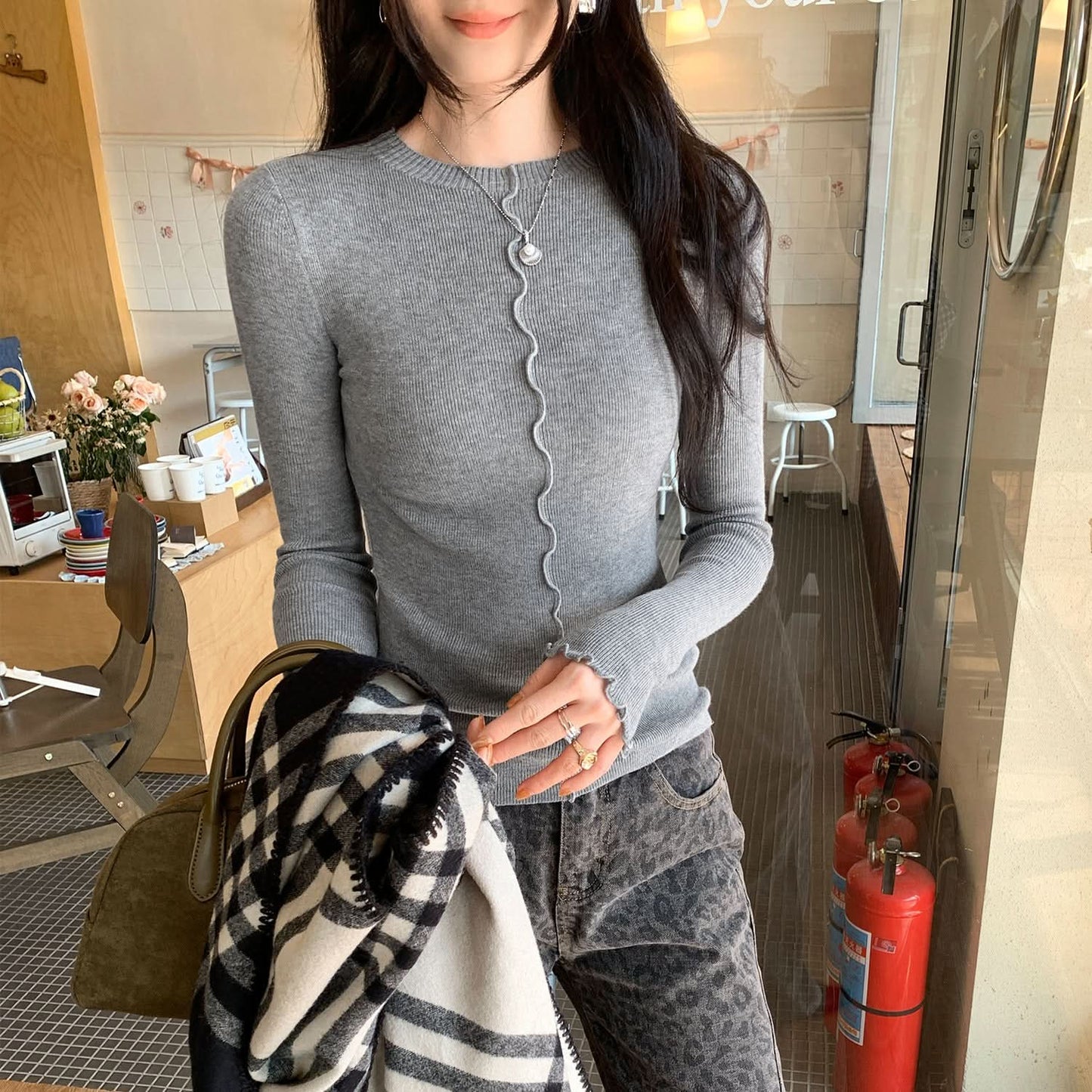 Gray Knit Sweater with Lace Trim, Women's Slim Fit Long Sleeve Top Elegant and Figure-Flattering Inner Layer