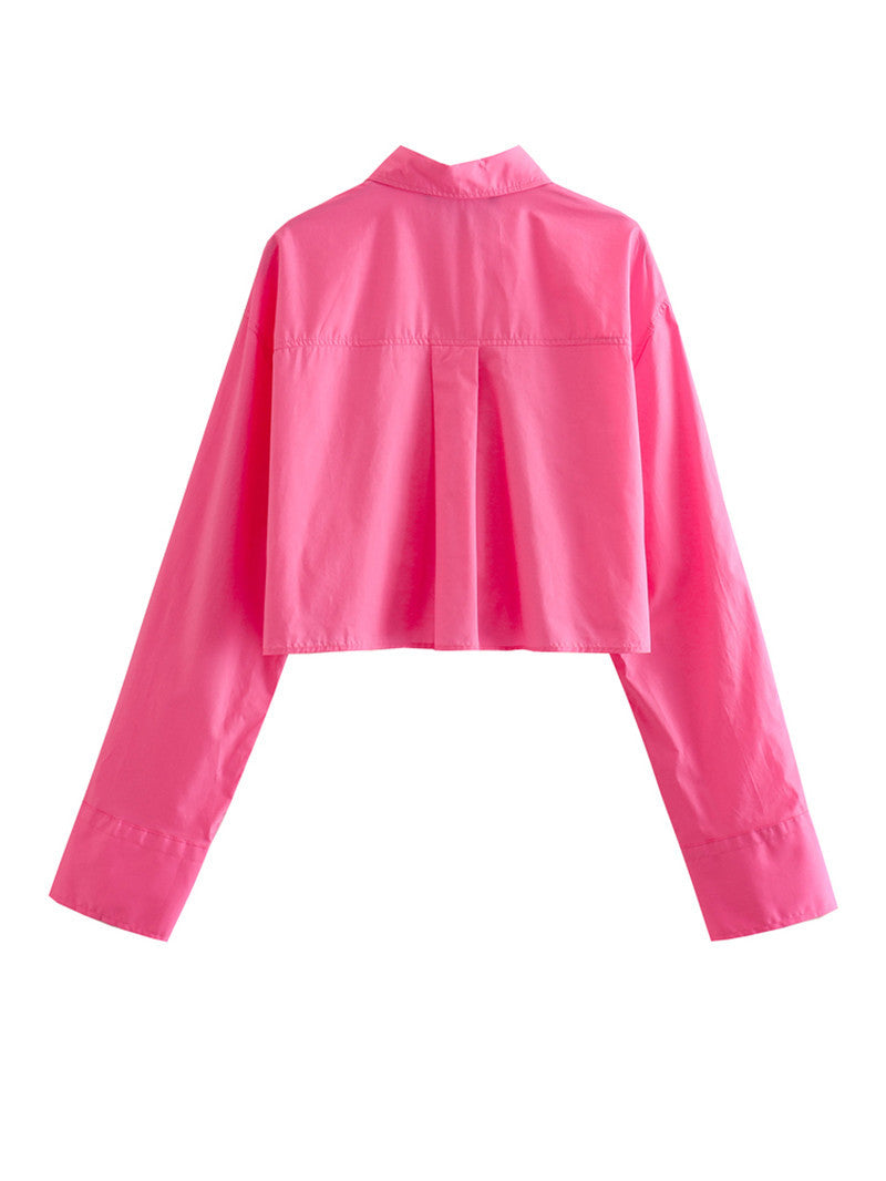 Women Fashion With Pockets Cropped Poplin Shirts Vintage Long Sleeve Button-up Female Blouses Blusas Chic Tops