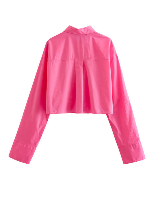 Women Fashion With Pockets Cropped Poplin Shirts Vintage Long Sleeve Button-up Female Blouses Blusas Chic Tops