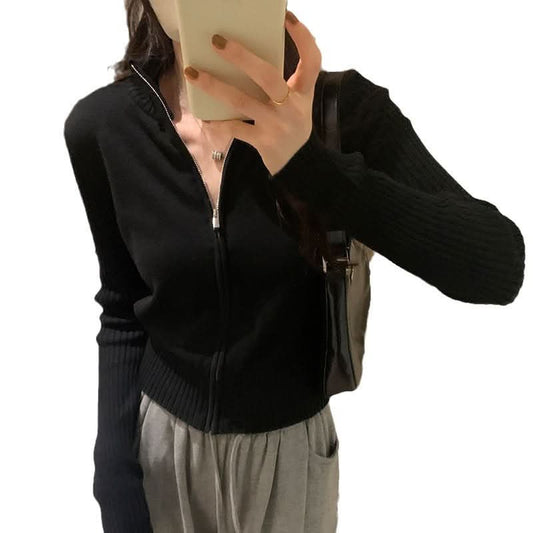 Einfache hochgeschlossene Strickjacke für Damen, vielseitig, schmal geschnitten, Reißverschluss-Cardigan