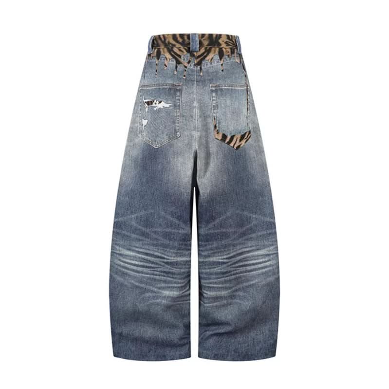 Unique Design Scratched Ripped Pleated Casual Loose Wide Leg Dagger Jeans