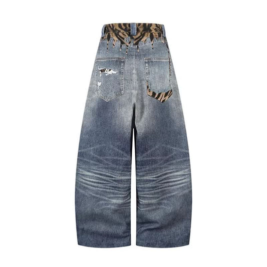 Unique Design Scratched Ripped Pleated Casual Loose Wide Leg Dagger Jeans