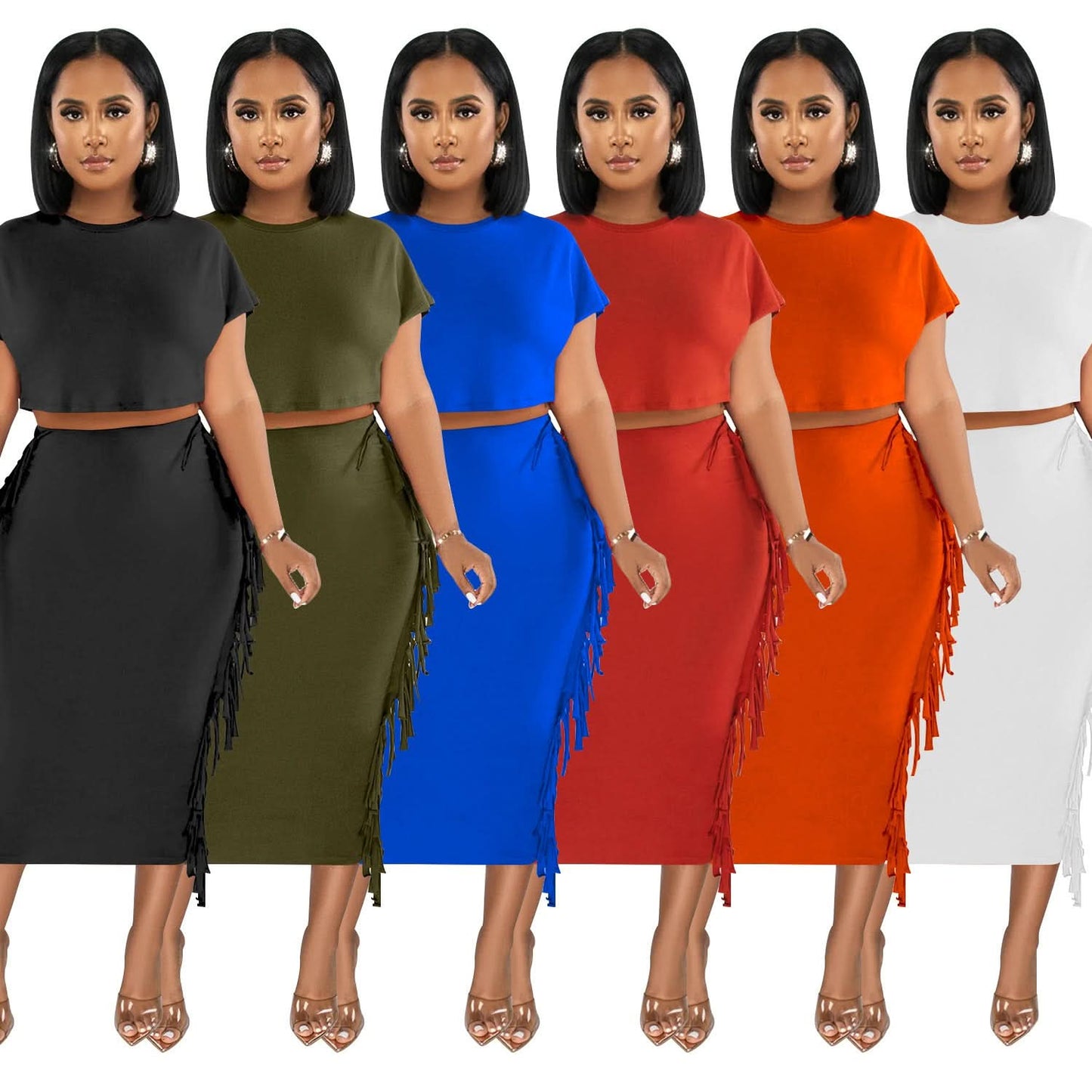 FashionableStyle Solid Color Fringe Round Neck Short Sleeve Long Dress Two-Piece Set
