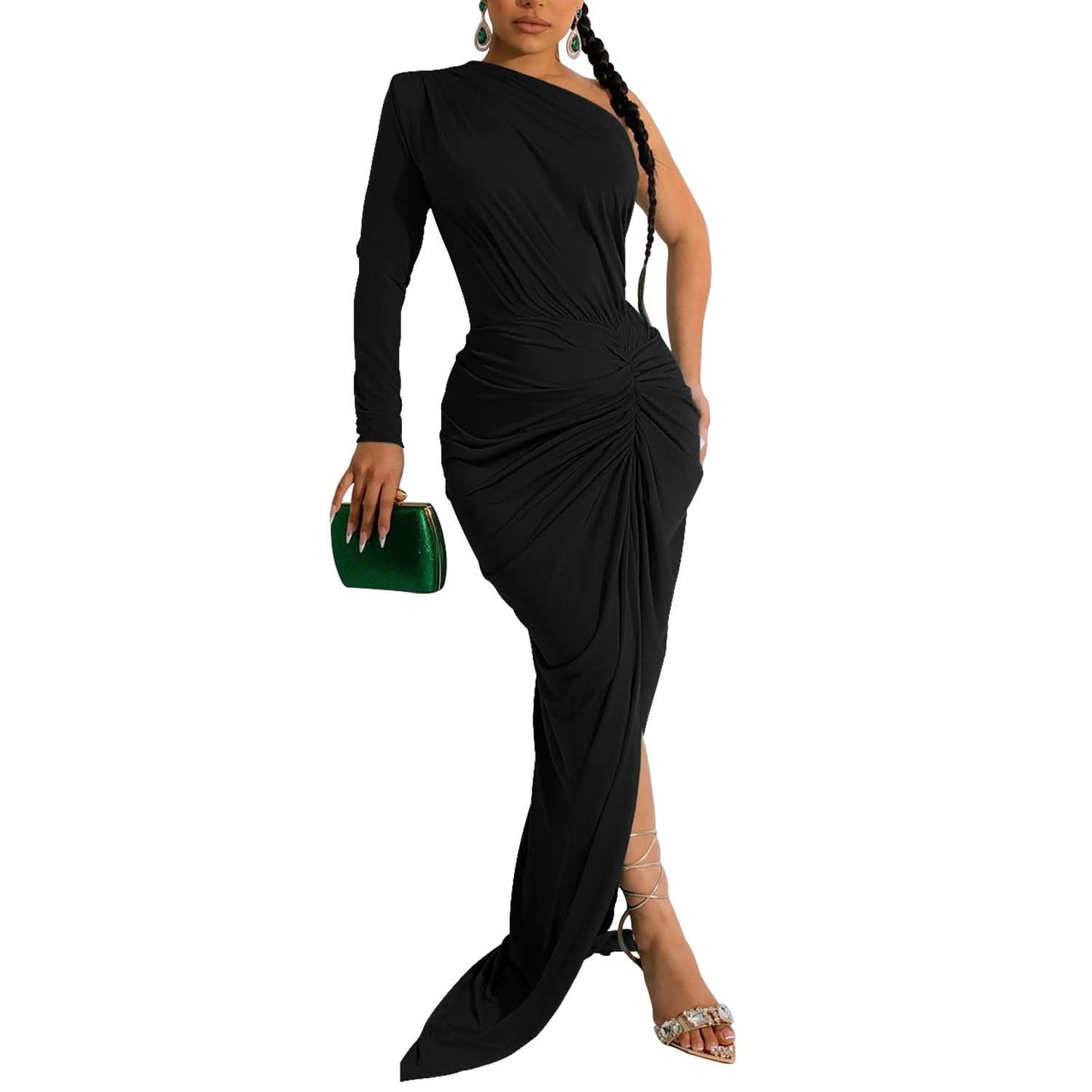 Fashion Women's Solid Color Asymmetrical Neck Single Long Sleeve Long Dress with Pleats