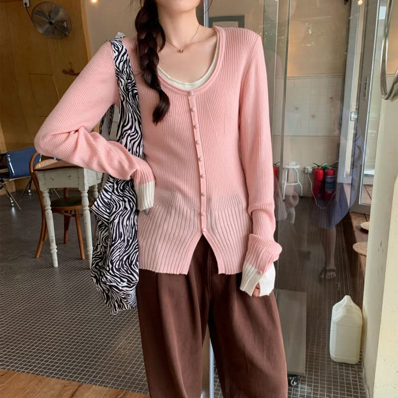 Chic Pink Long Sleeve Knit Sweater for Women, Fitted Slim Fit, Layered Look Top
