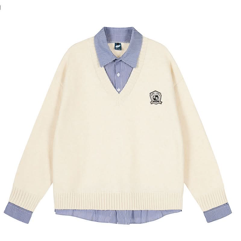 Plaid Spliced Mock Two-Piece Long Sleeve Knit Sweater Couple Women's Autumn