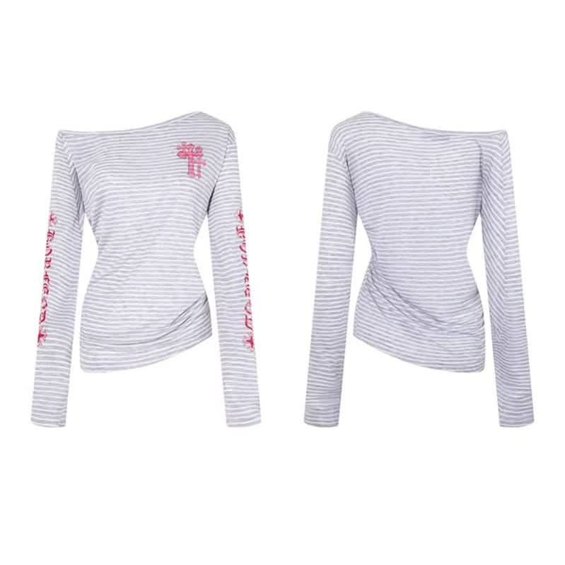 Stripe Graffiti Off-Shoulder Long Sleeve T-Shirt Women's Casual Edgy Style Top