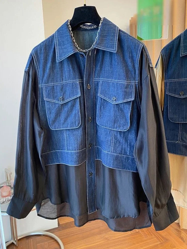 Denim Spliced Shirt For Women Fake Two-piece Contrast Big Size Fashion Long Sleeve Blusas  Autumn New Tide Female Top
