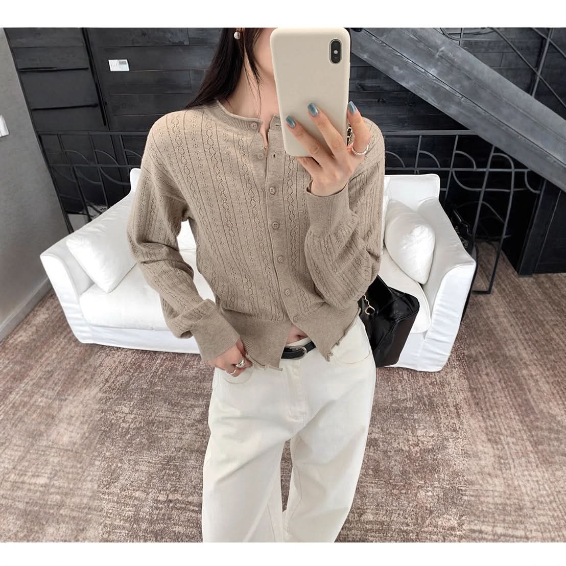 Preppy Style Hollow Out Pattern Round Neck Knit Cardigan Coat for Women