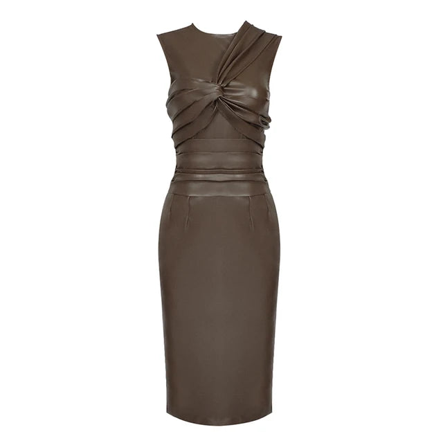 Summer Women PU Maxi Dress Ruched Design Sexy O Neck Sleeveless Party Elegant Dress Vestido