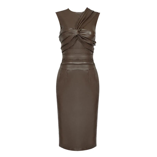 Summer Women PU Maxi Dress Ruched Design Sexy O Neck Sleeveless Party Elegant Dress Vestido