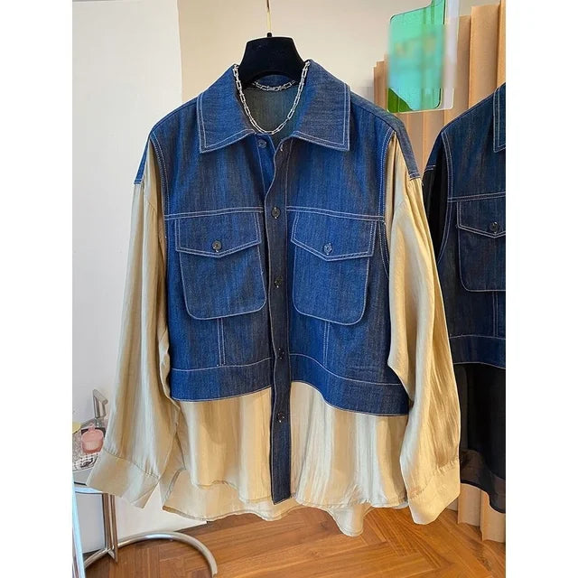 Denim Spliced Shirt For Women Fake Two-piece Contrast Big Size Fashion Long Sleeve Blusas  Autumn New Tide Female Top