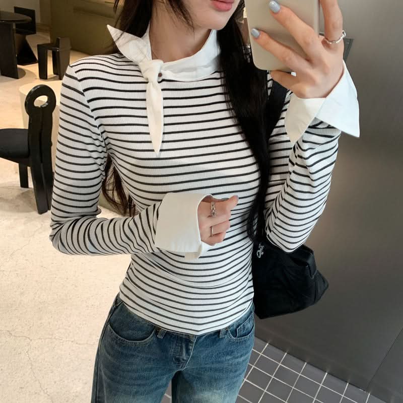 Elegant Stripe Mock Neck Tie-Front Long Sleeve Inner Top for Women