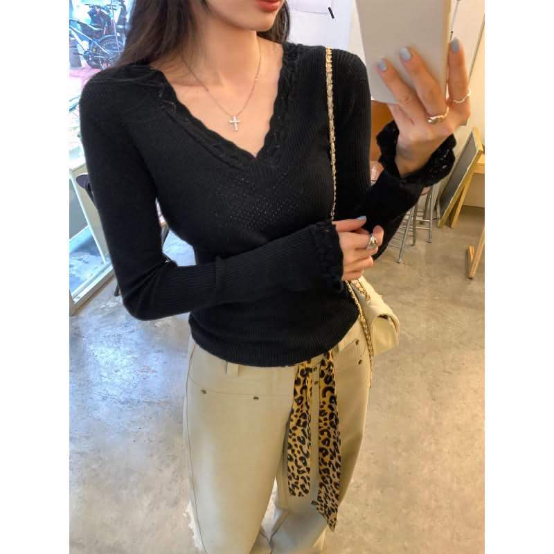 Elegant High-Intellect Purple V-Neck Knit Top for Women, Slim Fit,  Long Sleeve, Casual Wear