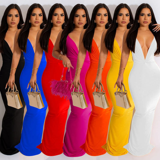 Ärmelloses, plissiertes V-Ausschnitt-Kleid in Unifarben für Damen im modischen Stil