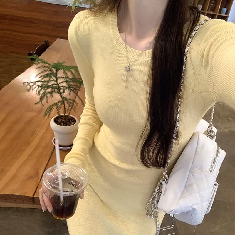 Solid Color Wool Inner Knit Sweater for Women,  Slim Fit, Mid-Length, Long Sleeve Top