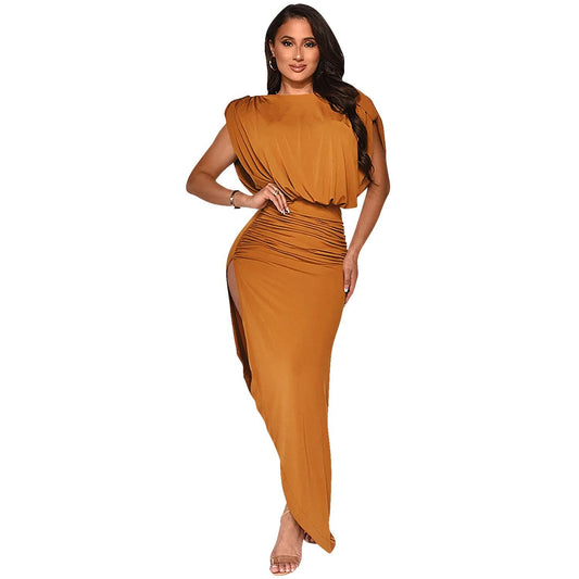 Mode einfarbig Damen Rundhals ärmellos plissiert asymmetrisch geschlitzt langes Kleid
