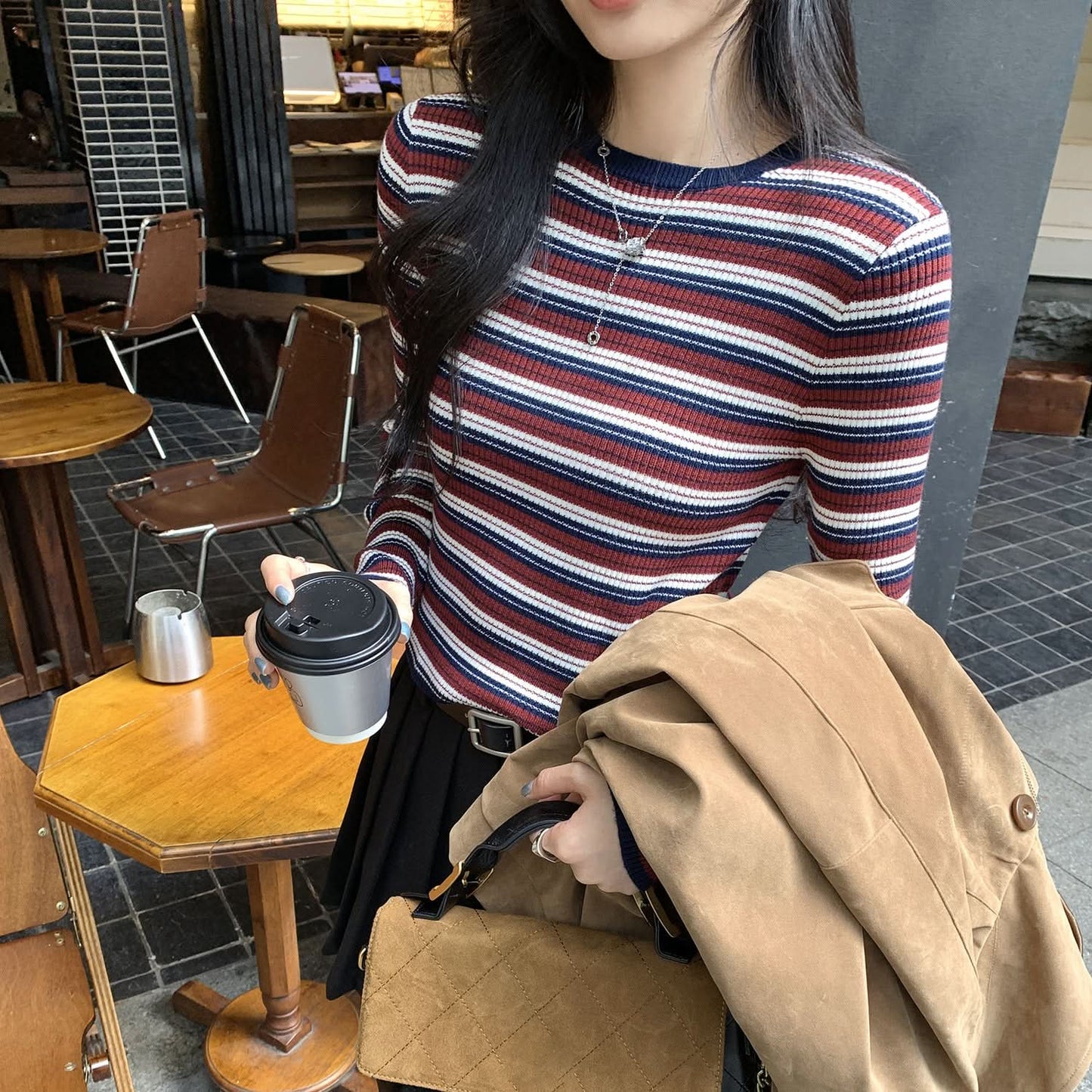 Striped Round Neck Knit Top for Women, Slim Fit, Short Length Long Sleeve Inner Wear
