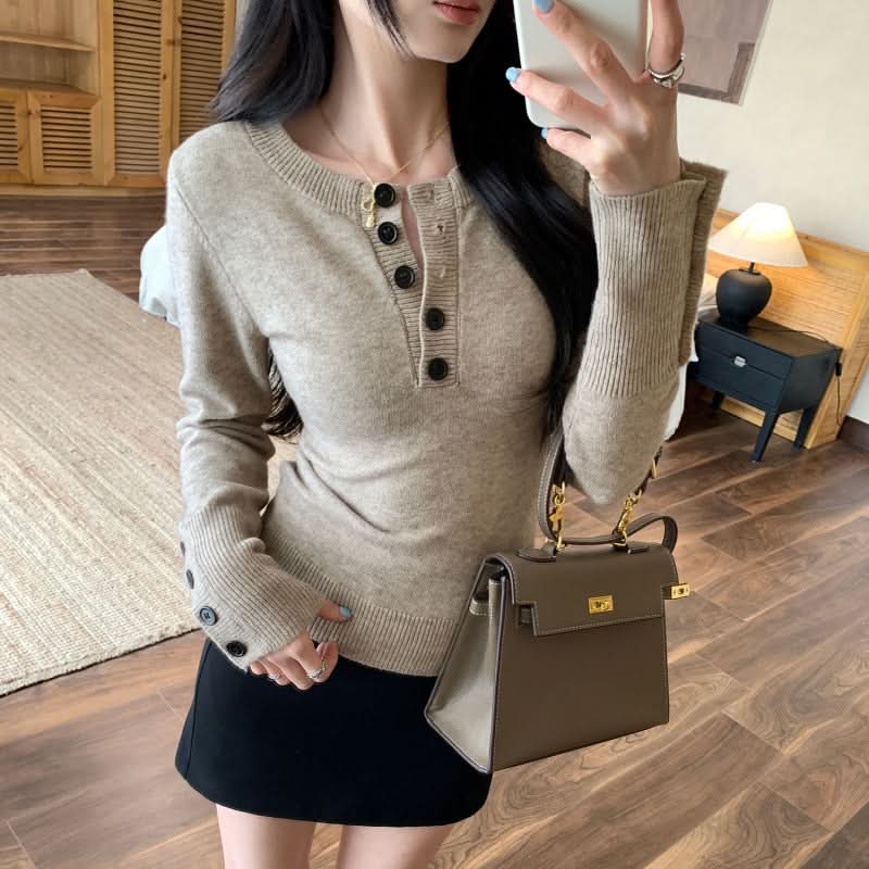 Style Henley Neck Knit Sweater for Women, Slim Fit Long Sleeve Pullover Top