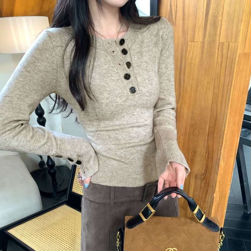 Style Henley Neck Knit Sweater for Women, Slim Fit Long Sleeve Pullover Top