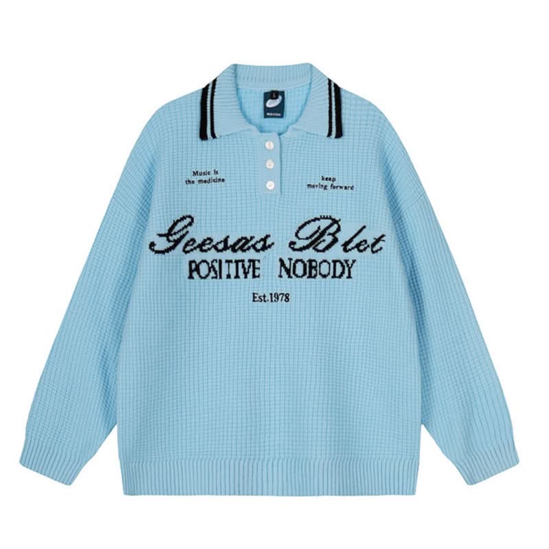 Letter Polo Neck Sweater Oversize Couple Knitwear Top