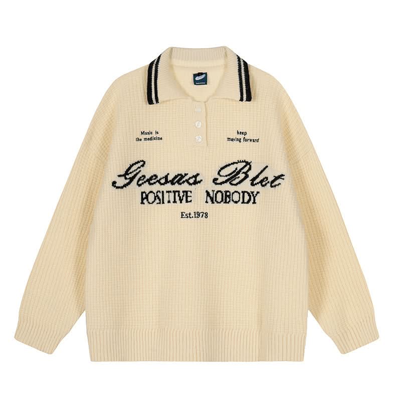 Letter Polo Neck Sweater Oversize Couple Knitwear Top