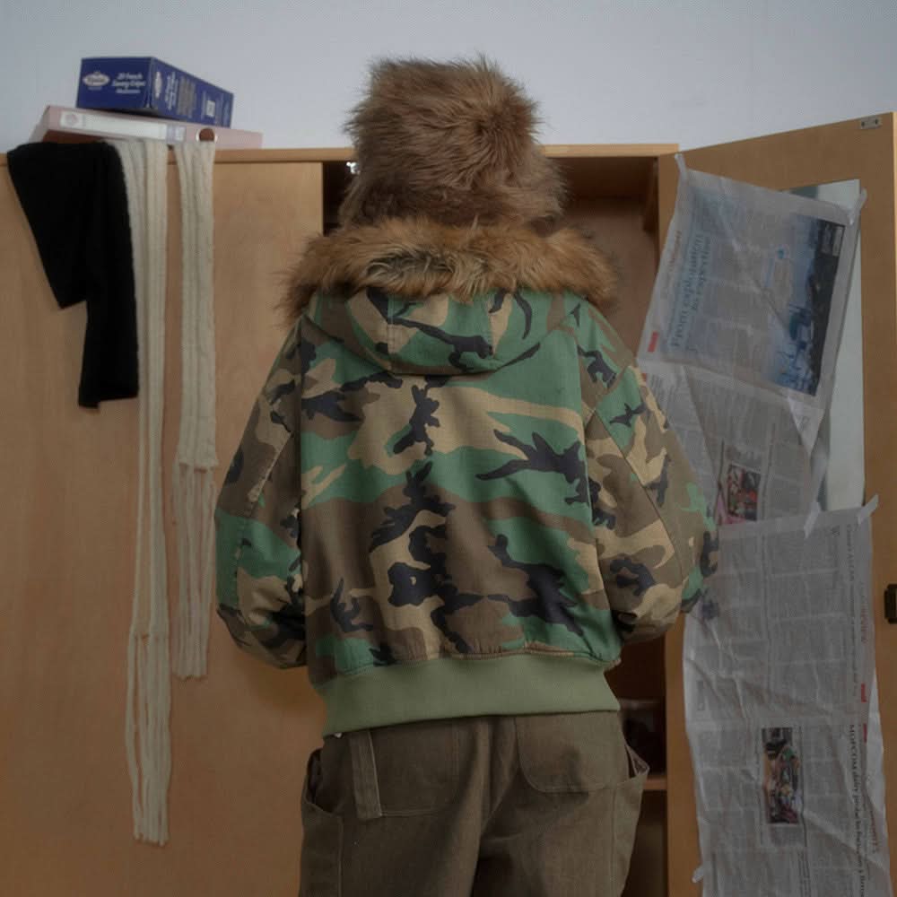Zuo Shan Diao camouflage fur collar hooded cotton jacket