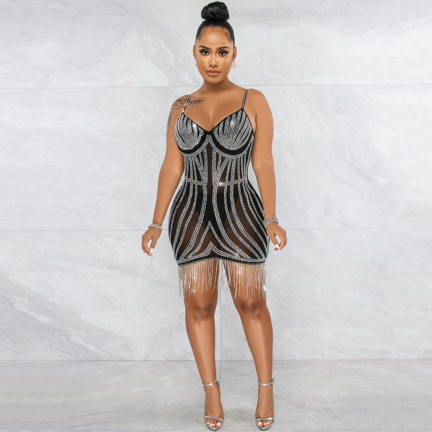 Sexy Embellished Strapless Sleeveless Crop Top Dress with Fringe Details