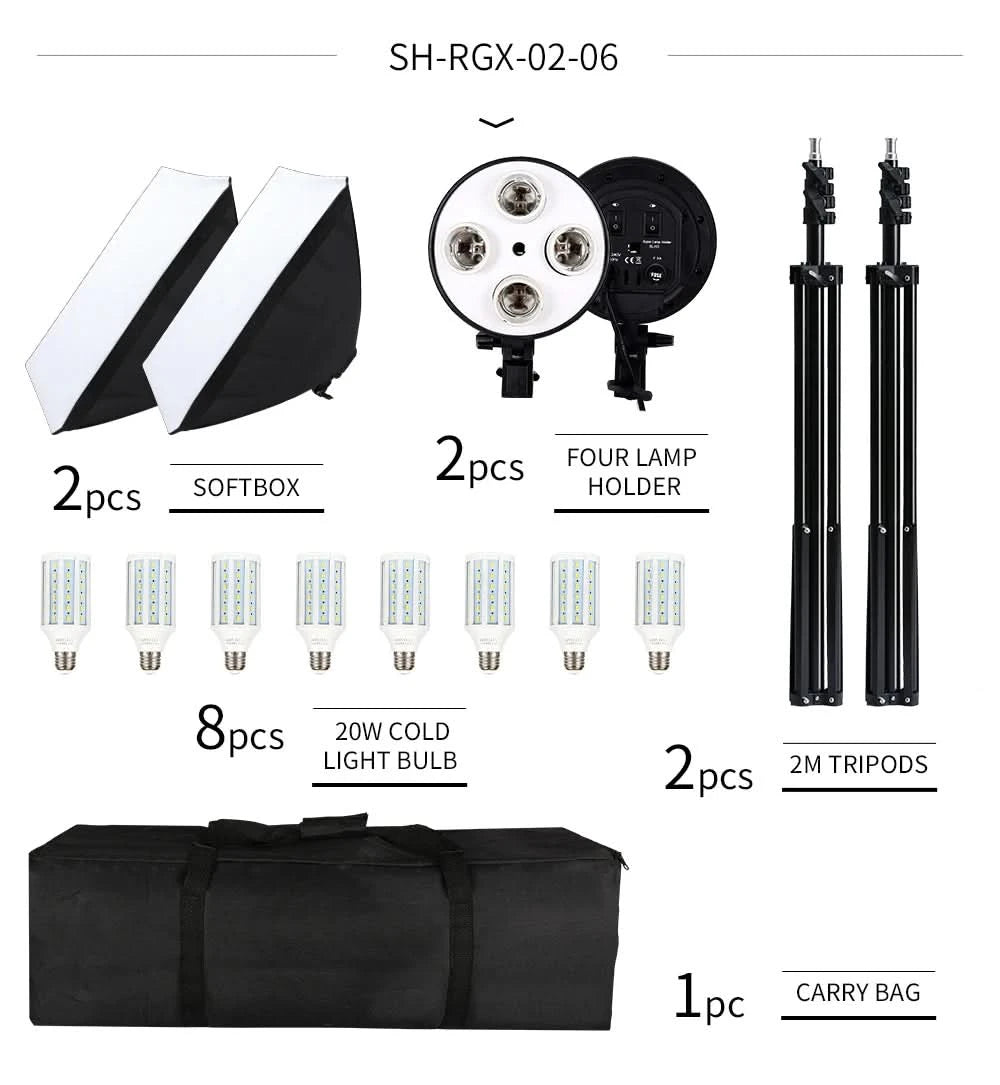 SH Photo Studio Softbox Light Kit Photographic Equipment Four Lamp Holders Continuous Light System With E27 Bulb Accessories