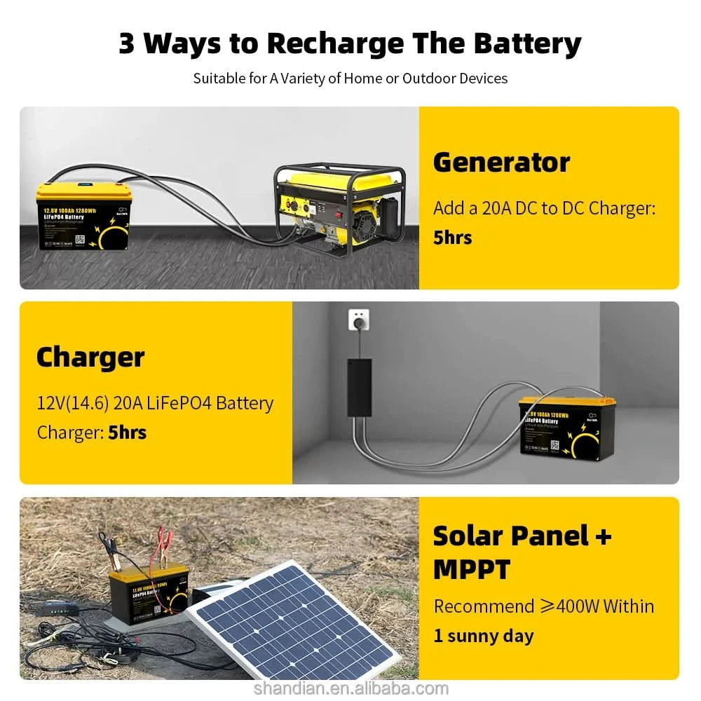 GoKWh 12V 100Ah Battery Lifepo4 12.8V 100A 200Ah Lithium-Ion Solar Battery Pack Outdoor Camping Car RV Lithium Battery IP65
