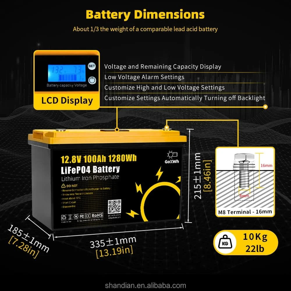 GoKWh OEM ODM 12V 12.8V 100Ah Solar Battery Pack 50A 100A 200Ah Lithium Iron Phosphate Solar LCD RV Home Boat LiFePO4 Grade A
