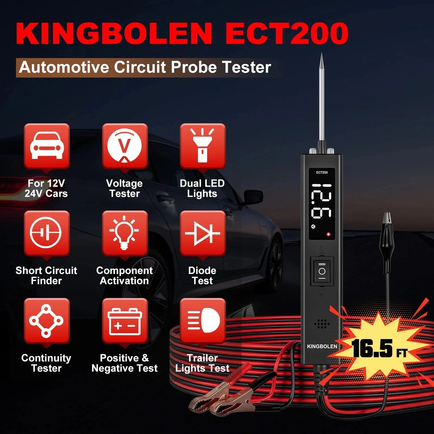 US EU Warehouse KINGBOLEN ECT200 Car Circuit Tester Power Probe 12V 24V Electric Voltage Integrated Power Scanner