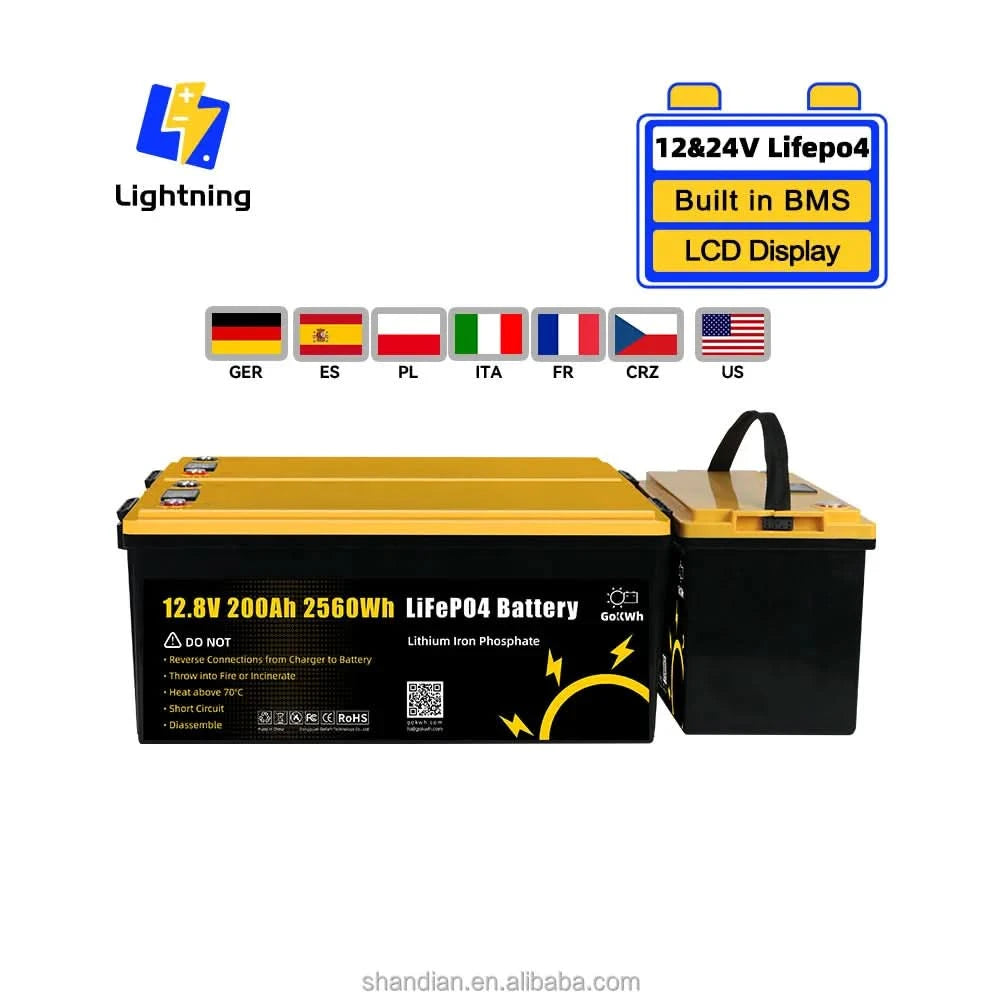 GoKWh 12V 100Ah Battery Lifepo4 12.8V 100A 200Ah Lithium-Ion Solar Battery Pack Outdoor Camping Car RV Lithium Battery IP65