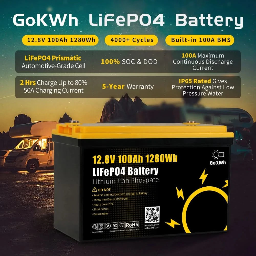 GoKWh 12V 12.8V 100Ah Battery Pack 50A 100A 200Ah Lithium Iron Phosphate Solar RV Electric Vehicle Boat Golf Carts Residential