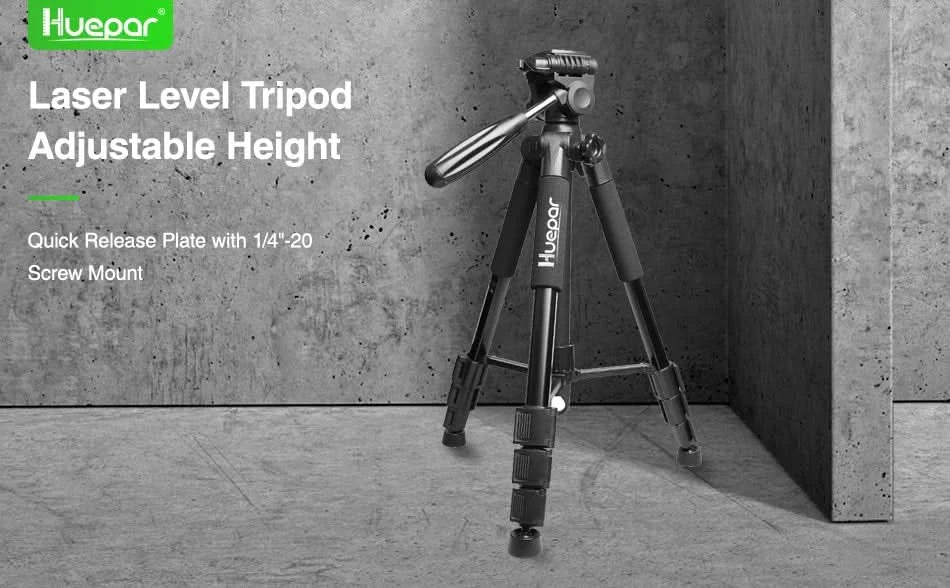 Huepar Adjustable Height Laser Level Tripod For Self leveling 57"/146cm with 3-Way Swivel Pan Head Quick Release Plate with 1/4"