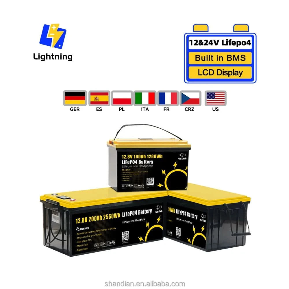 US Stock LiFePO4 Battery 12V 100A 200Ah 300Ah 340Ah 24V Lithium Iron Phosphate Solar LCD RV Home Boat Storage Energy Home Boat