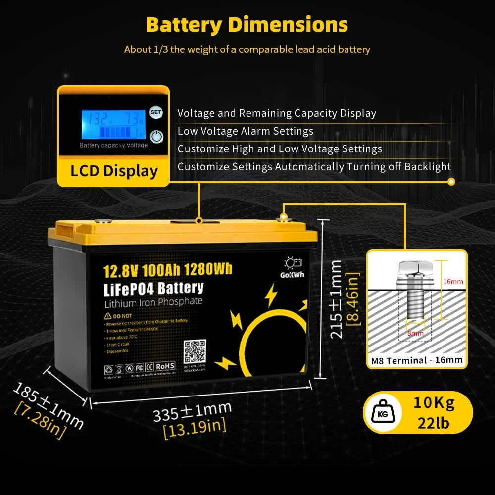 GoKWh 12V 100Ah Battery Lifepo4 12.8V 100A 200Ah Lithium-Ion Solar Battery Pack LCD for RV Camping Car Solar-Durable Efficient