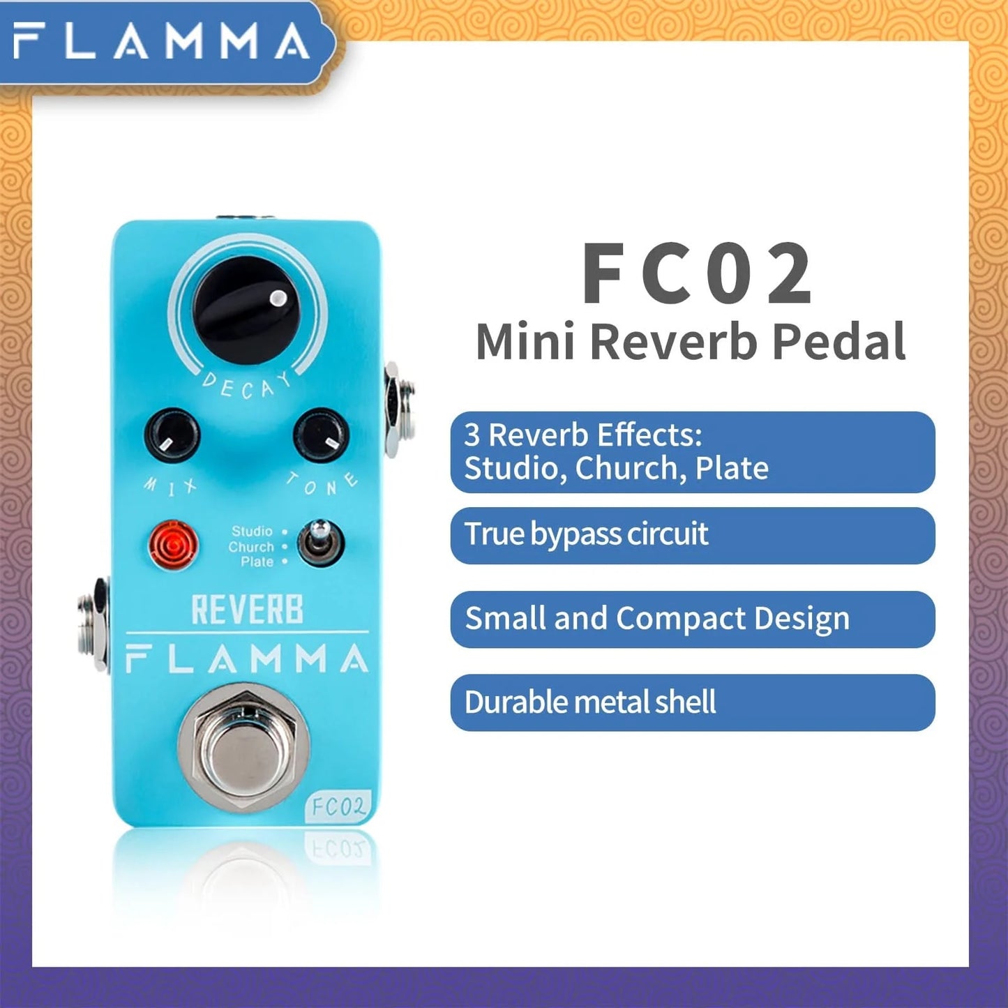 FLAMMA FC02  Electric Guitar Pedal Reverb Effects Pedal with Studio Church Plate Effects True Bypass with Power Supply