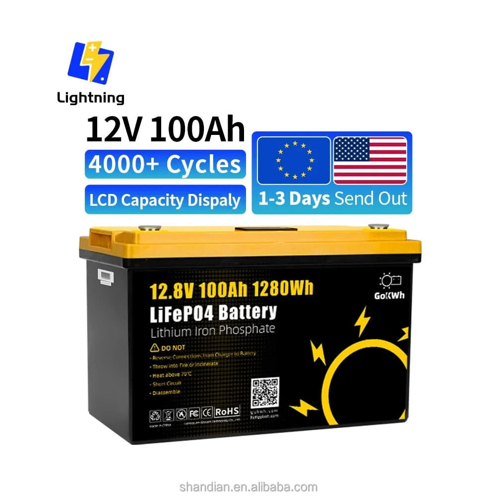 US Stock LiFePO4 Battery 12V 100A 200Ah 300Ah 340Ah 24V Lithium Iron Phosphate Solar LCD RV Home Boat Storage Energy Home Boat