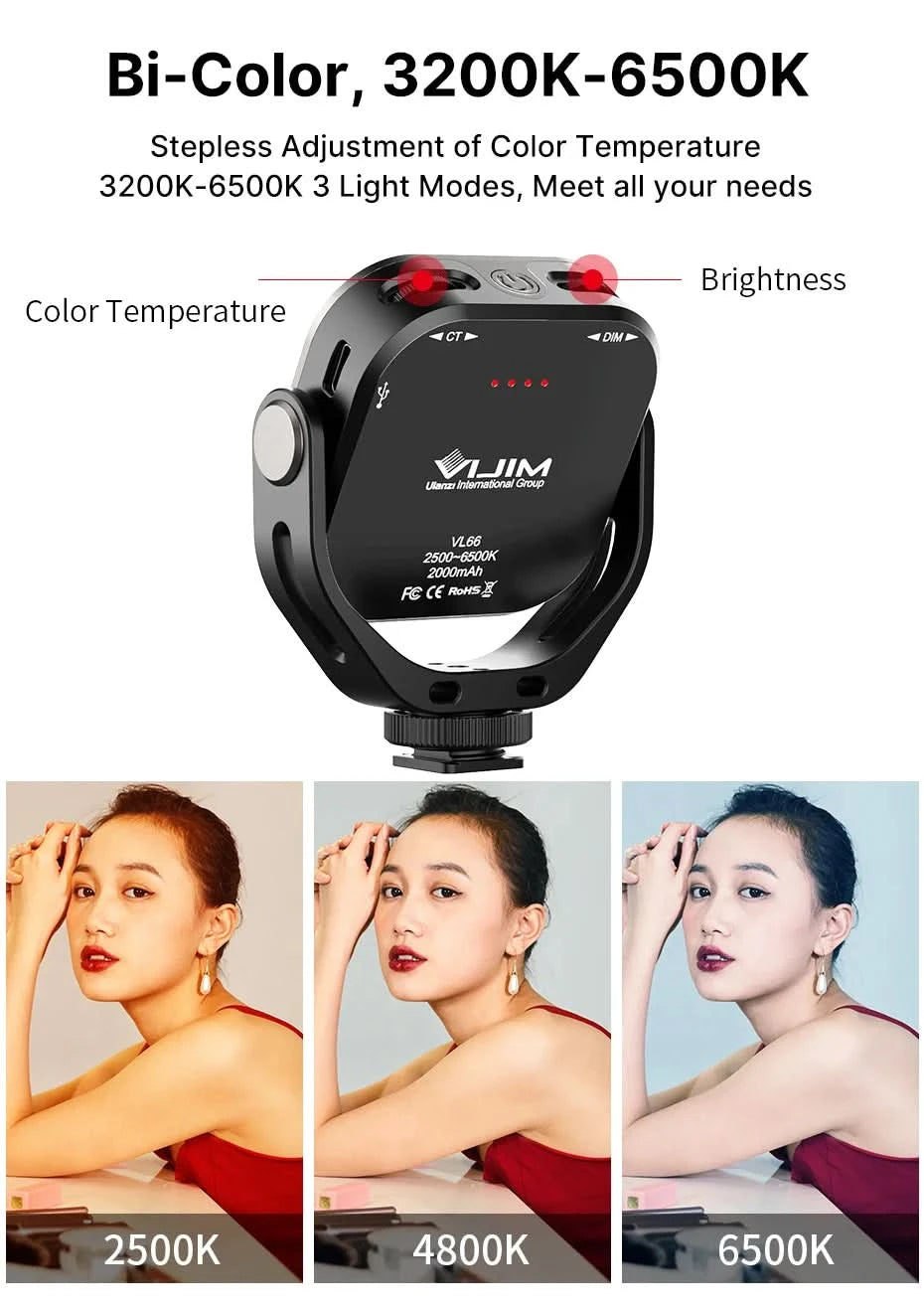 Ulanzi VIJIM VL66 3200k-6500k Vlog Fill Light 360° Rotatable LED Video Light Extend Cold Shoe 2000mAh Battery with Light Stand